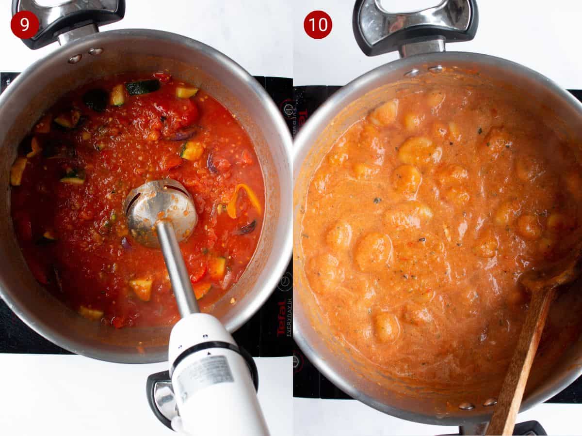2 step by step photos, the first with tomatoes and vegetables blended with hand blender in a saucepan, the second with gnocchi in the creamy tomato sauce in thesaucepan.