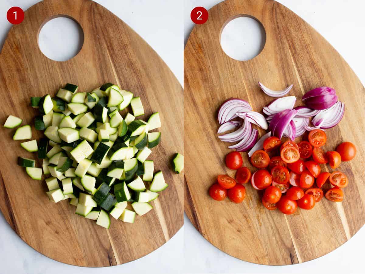 2 step by step photos, the first with chopped courgettes on a wooden board, the second with sliced cherry tomatoes and sliced red onions.