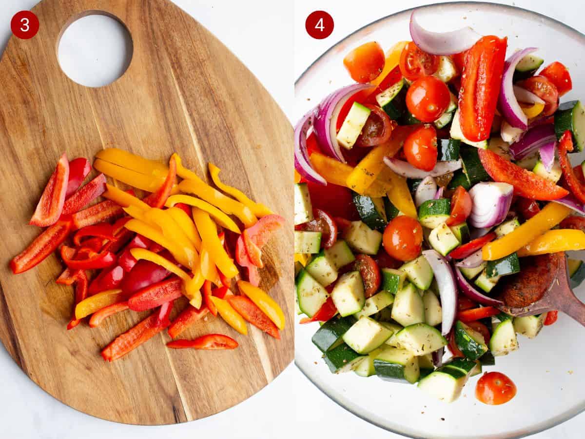 2 step by step photos, the first with sliced red peppers on a wooden board, the second with the sliced vegetables in a bowl.