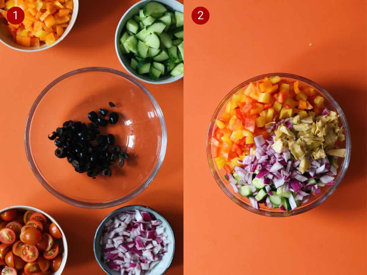 Step by step photos, the first with salad prepared in separate bowls and the second with all the salad in one bowl.