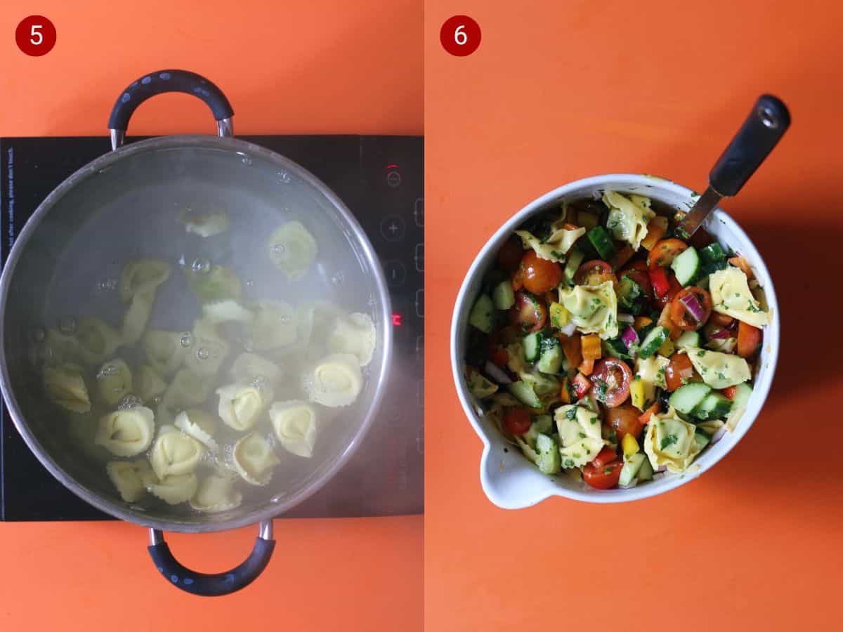 Step by step photos, the first with the pasta in water in a saucepan and the second the pasta mixed with the salad in a bowl.