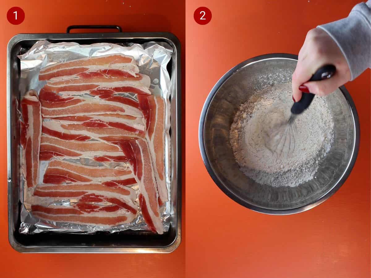 2 step by step photos, the first with bacon on a foil lined baking tray and the second with dry pancake mixture in a metal bowl being mixed with whisk.