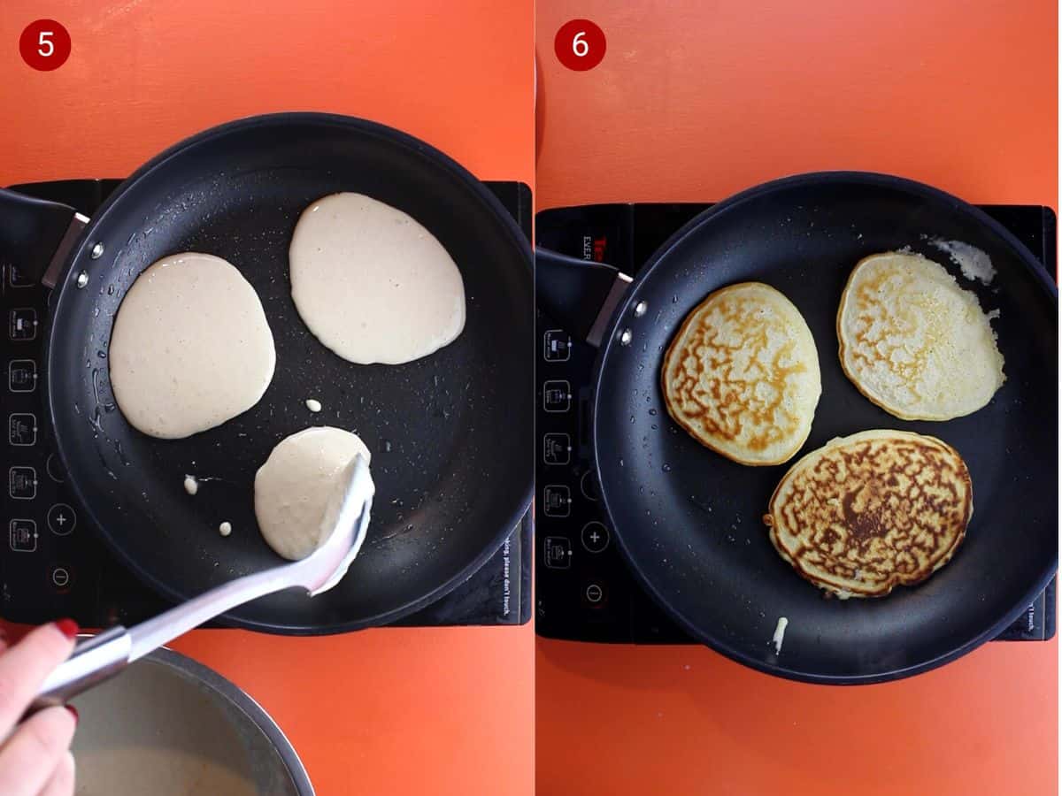 2 step by step photos, the first with 3 spoons of pancake mixture in the frying pan and the second withbrowned pancakes turned over in the pan.