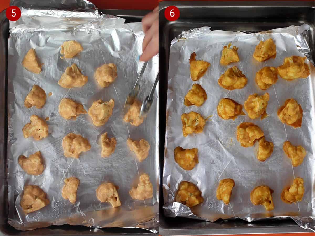 2 step by step photos, one with the battered cauliflower florets on foil lined baking tray and the second with the florets browned.