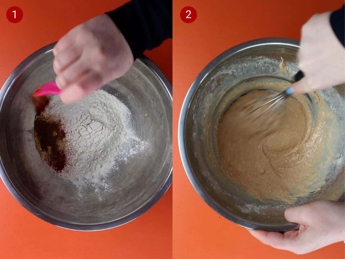 2 step by step photos, one with flour and spices added to bowl and the second with the mixture being stirred into batter.