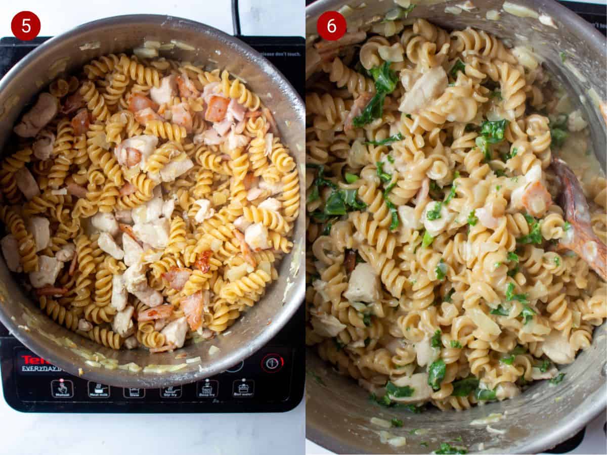 2 step by step photos, the first with chicken and bacon pieces in pasta in a saucepan and the second with a sauce and greens added.