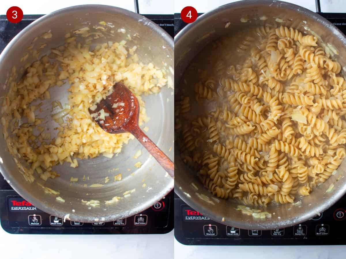 2 step by step photos, the first with onions frying in the saucepan and  the second with pasta added to pan.