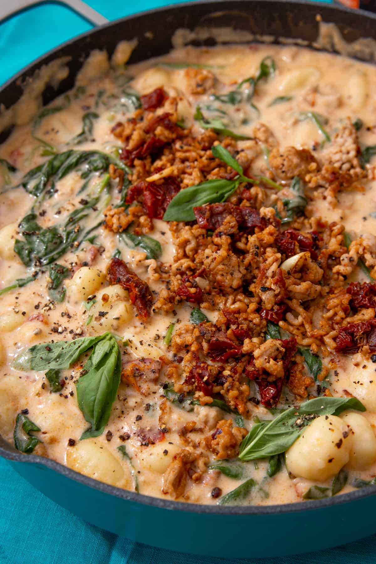 Gnocchi with a creamy sauce with pork mince, spinach and sun-dried tomatoes topped with extra browned pork and sun-dried tomatoes and fresh basil.