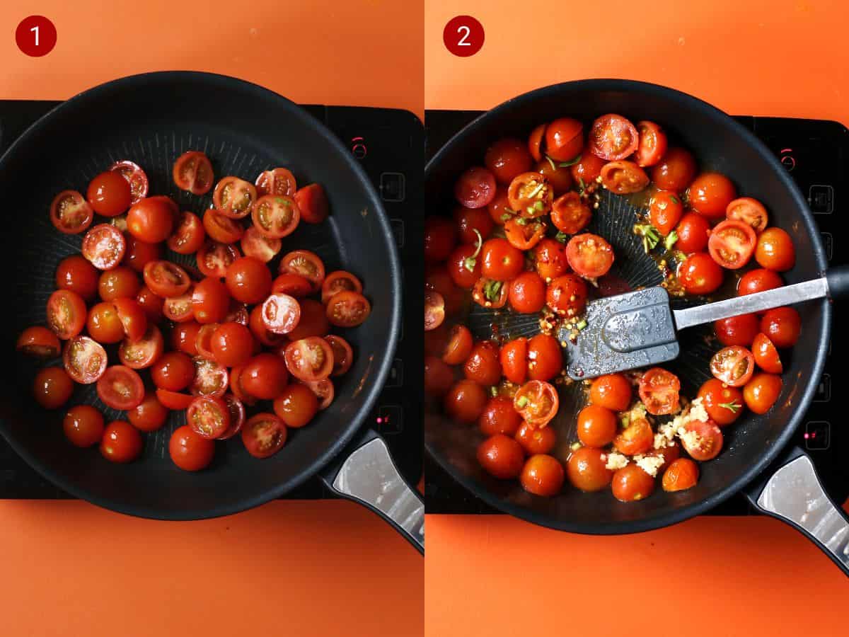 2 step by step photos, the first with halved cherry tomatoes in a frying pan, the second with herbs and garlic added to the pan and stirred with a spatula.