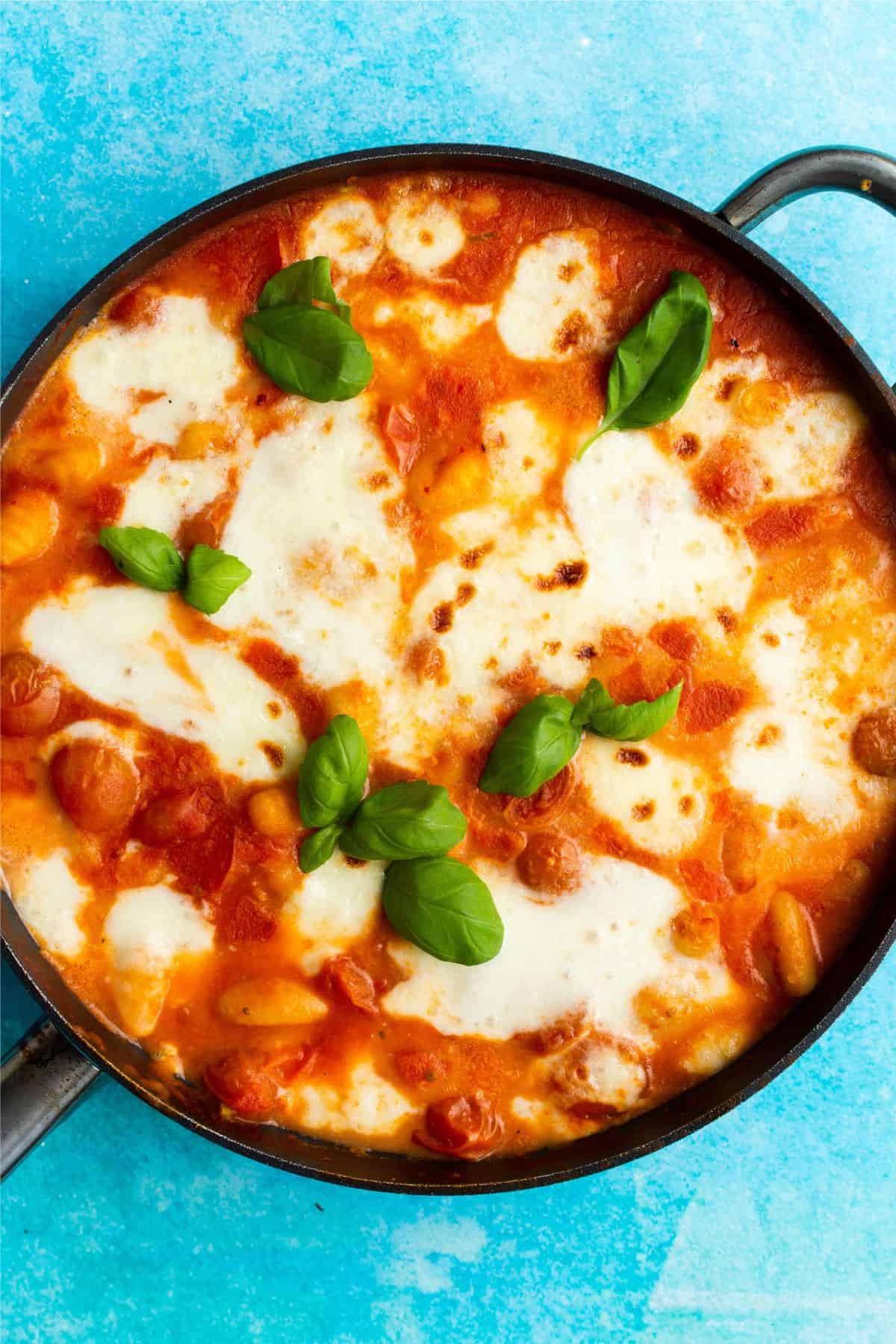 Baked gnocchi with crispy melted cheese and basil to top on a blue background.