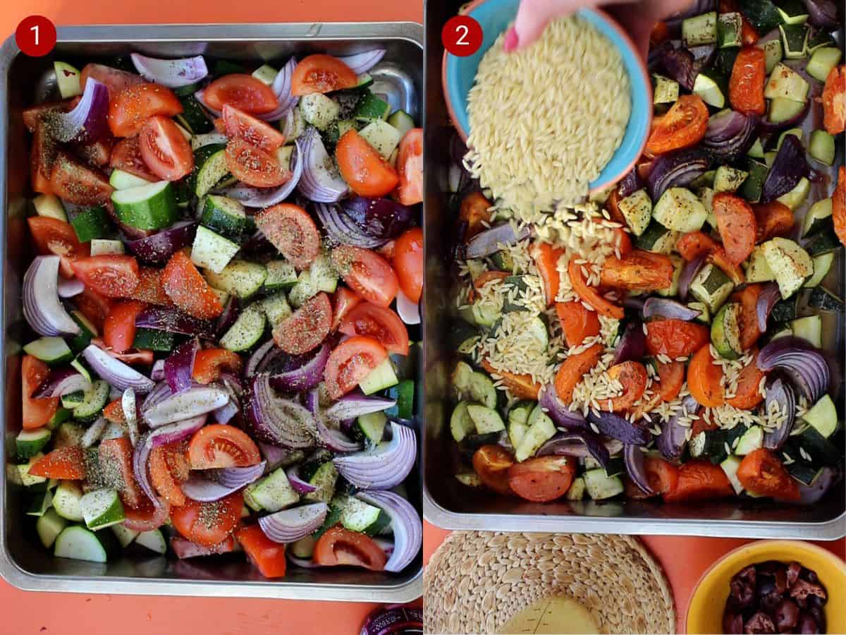 2 step by step photos, the first with chopped vegetables added to a baking tray and the second with orzo added to the same pan.