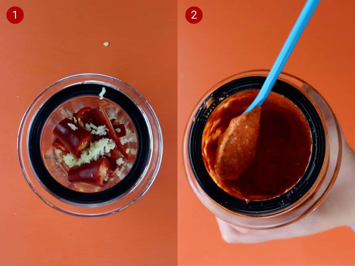 2 step by step photos, the first with olive oil, chillies and garlic in a blender glass cup, the second with the ingredients blended into a red sauce.