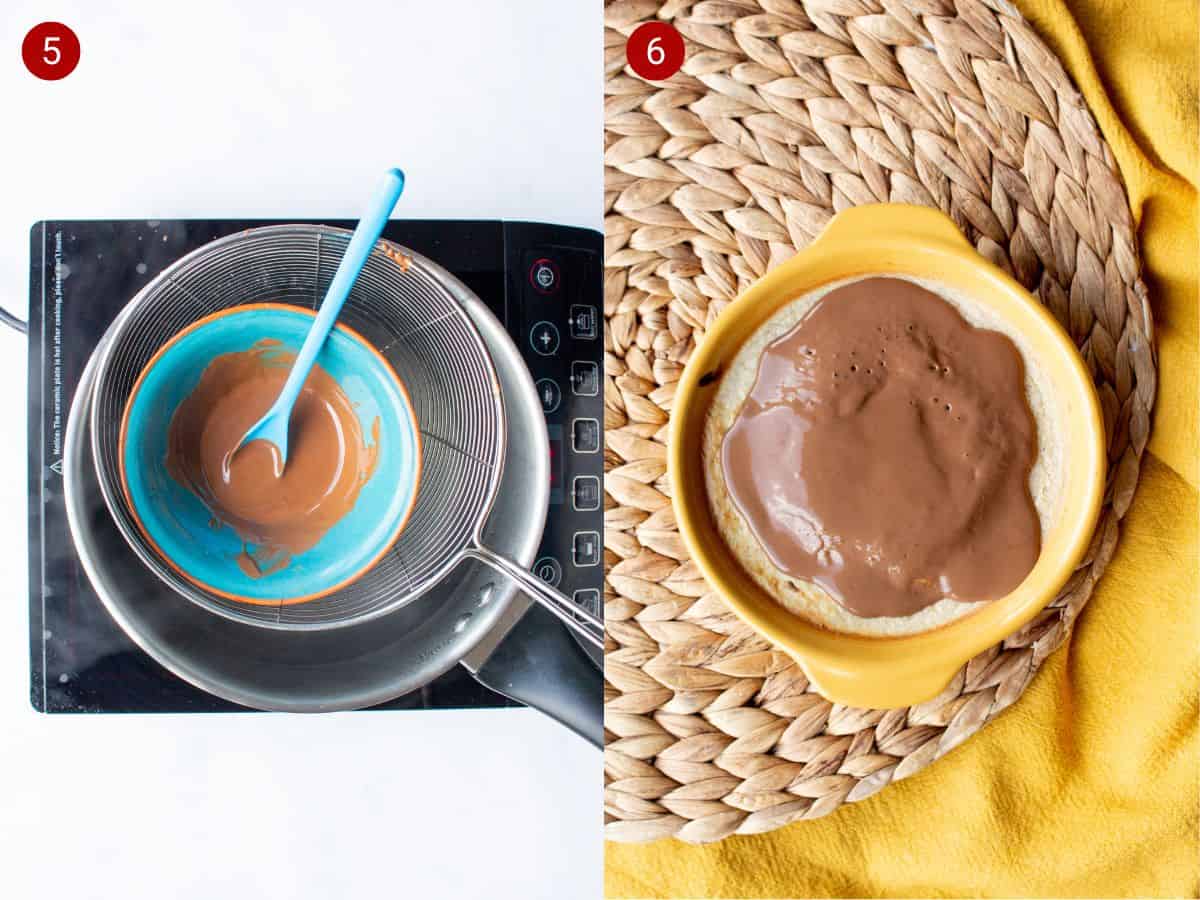 2 step by step photos, the first with chocolate melted in a bowl, in a sieve over a saucepan and the second the melted chocolate topped cake in a ramekin.