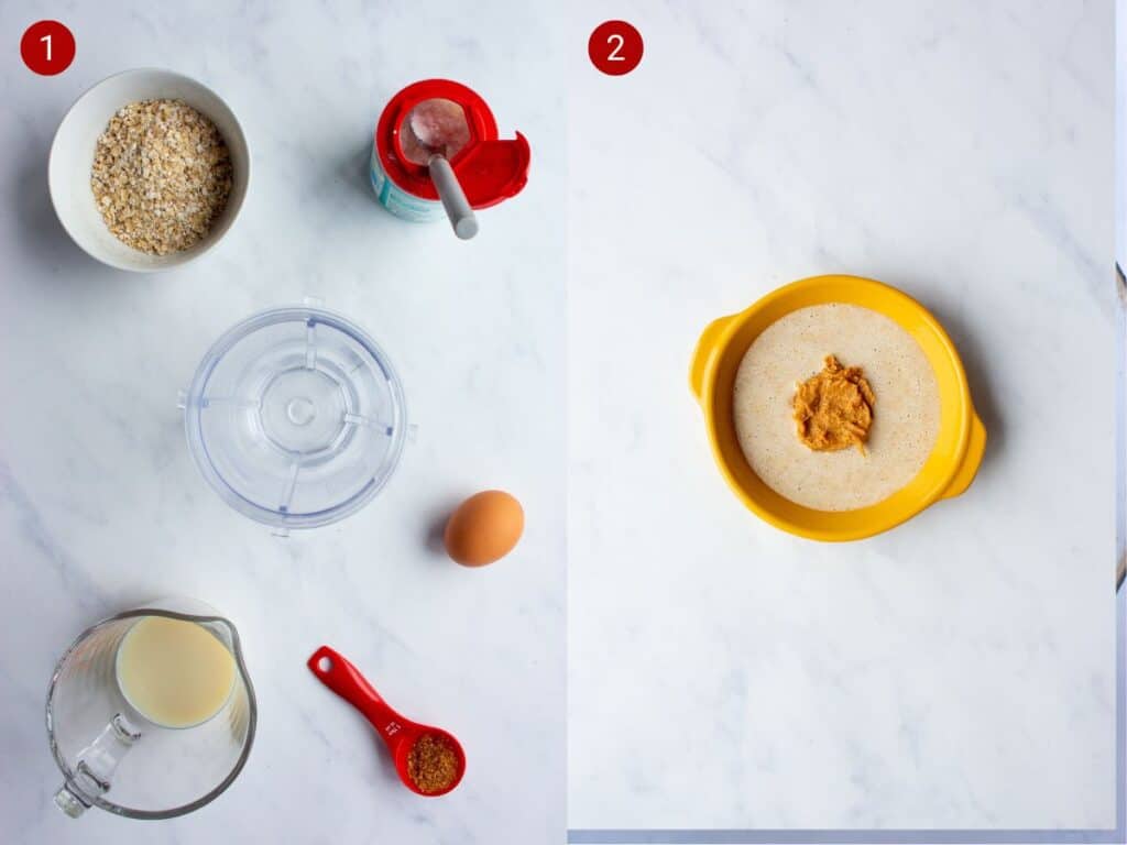 2 step by step photos, the first with ingredients laid out around a blender cup the second with the mix added to a ramekin with a dollop of peanut butter.