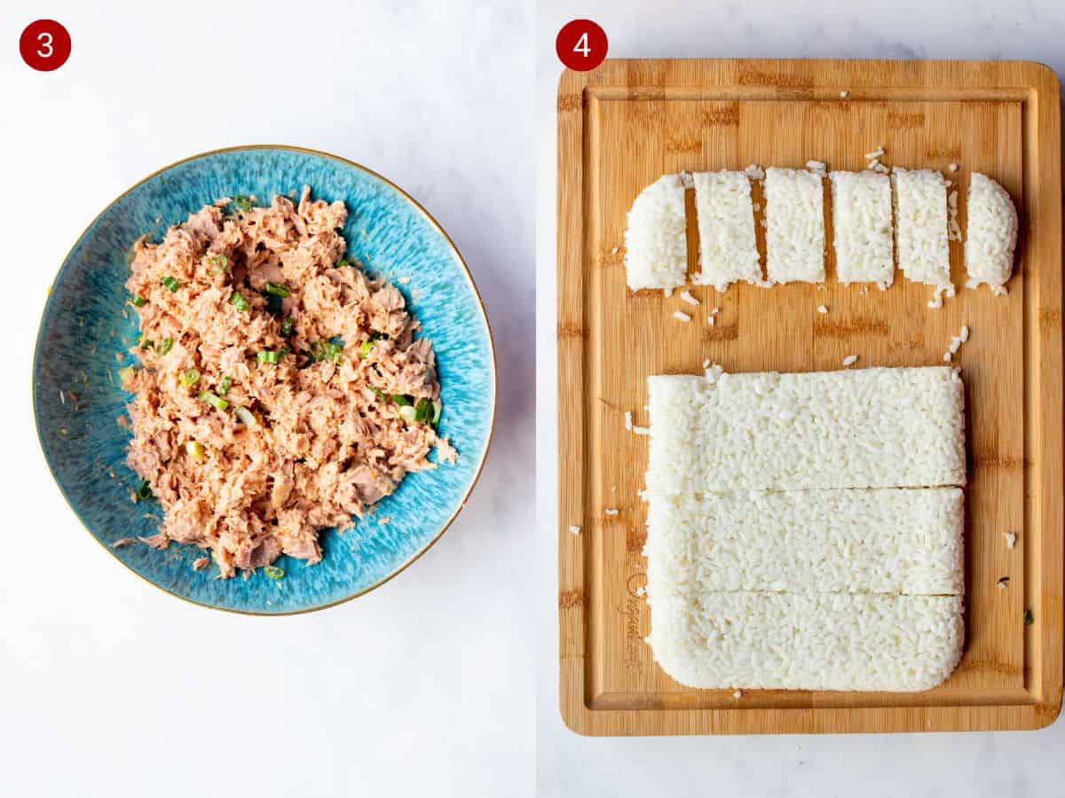 2 step by step photos, the first with tuna and spring onion in a blue bowl and the second sushi rice prepped in rectangles and slices on a wooden board.