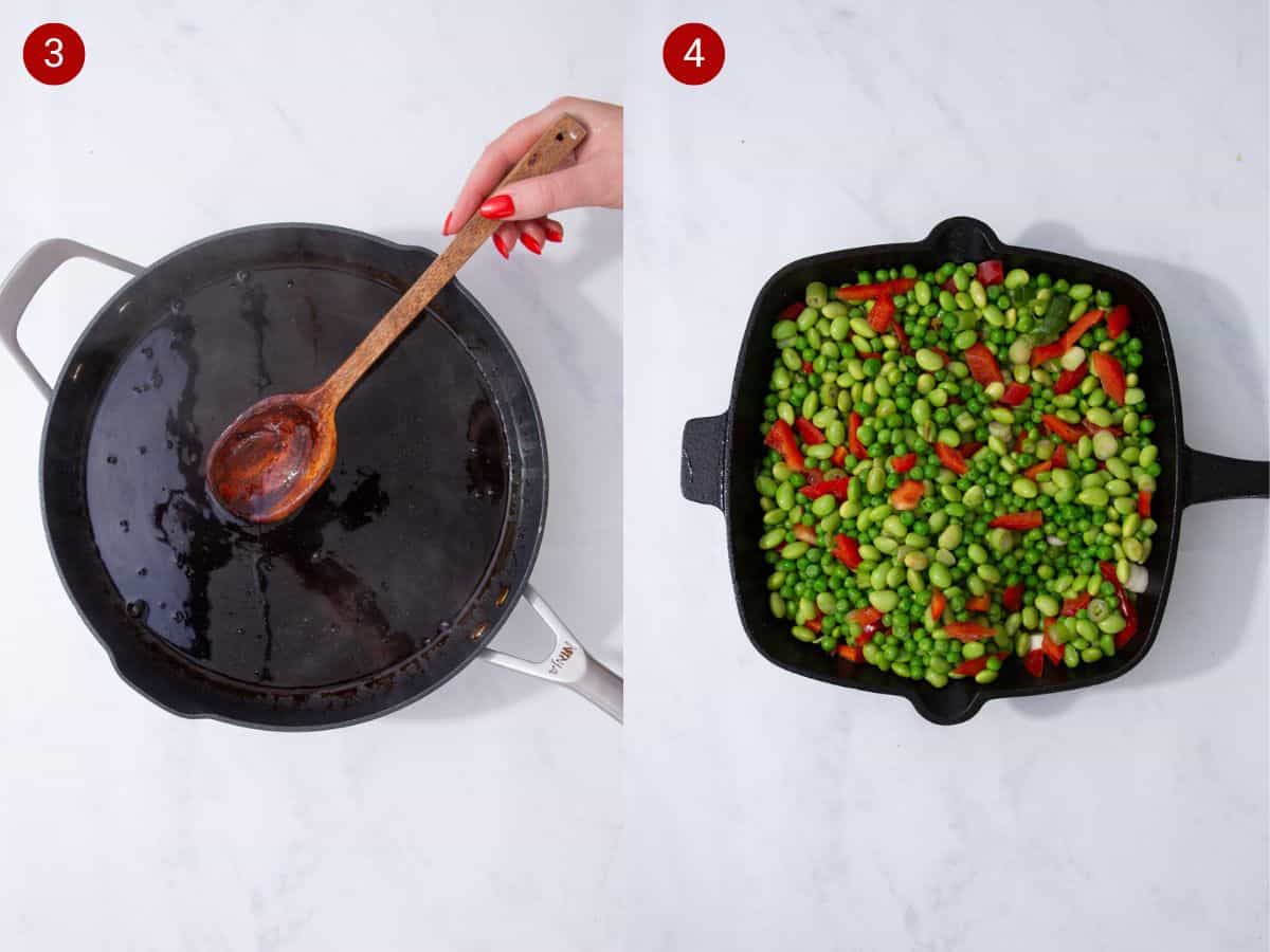 2  step by step photos, the first with the a wooden spoon stirring the dark sauce in the pan and the second edamame beans, peppers and peas in a griddle pan.