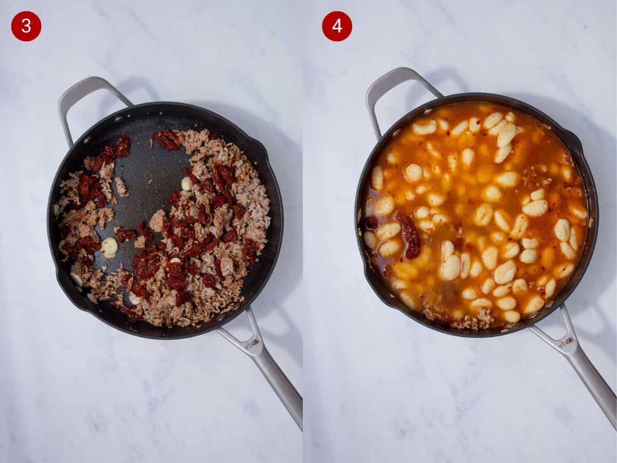 2 step by step photos, the first with browned mince and sun-dried tomatoes in the pan and the second with gnocchi and stock added to the pan.