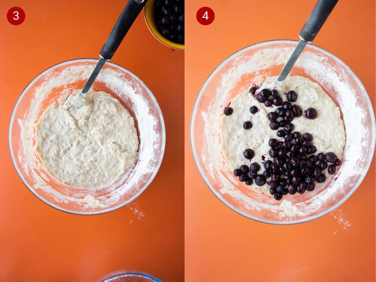 2 step by step photos, the first with muffin mixture stirred in a glass bowl, the second with blueberries added to the mixture.