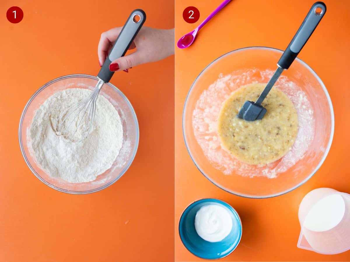 2 step by step photos, the first with dry ingredients with whisk in a glass bowl, the second with wet ingredients including banana and egg mixed with spatula.