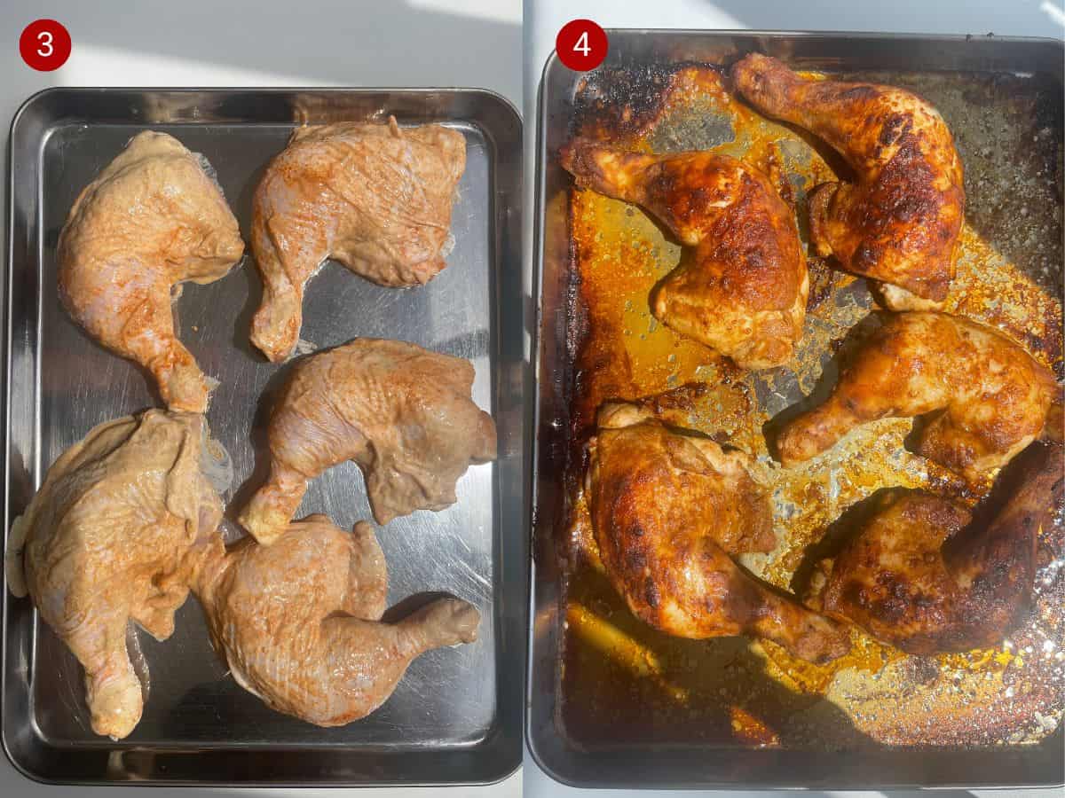 2 step by step photos, the first with 5 chicken thighs covered in marinade on a stainless steel baking sheet, the second with the chicken legs baked and golden brown.