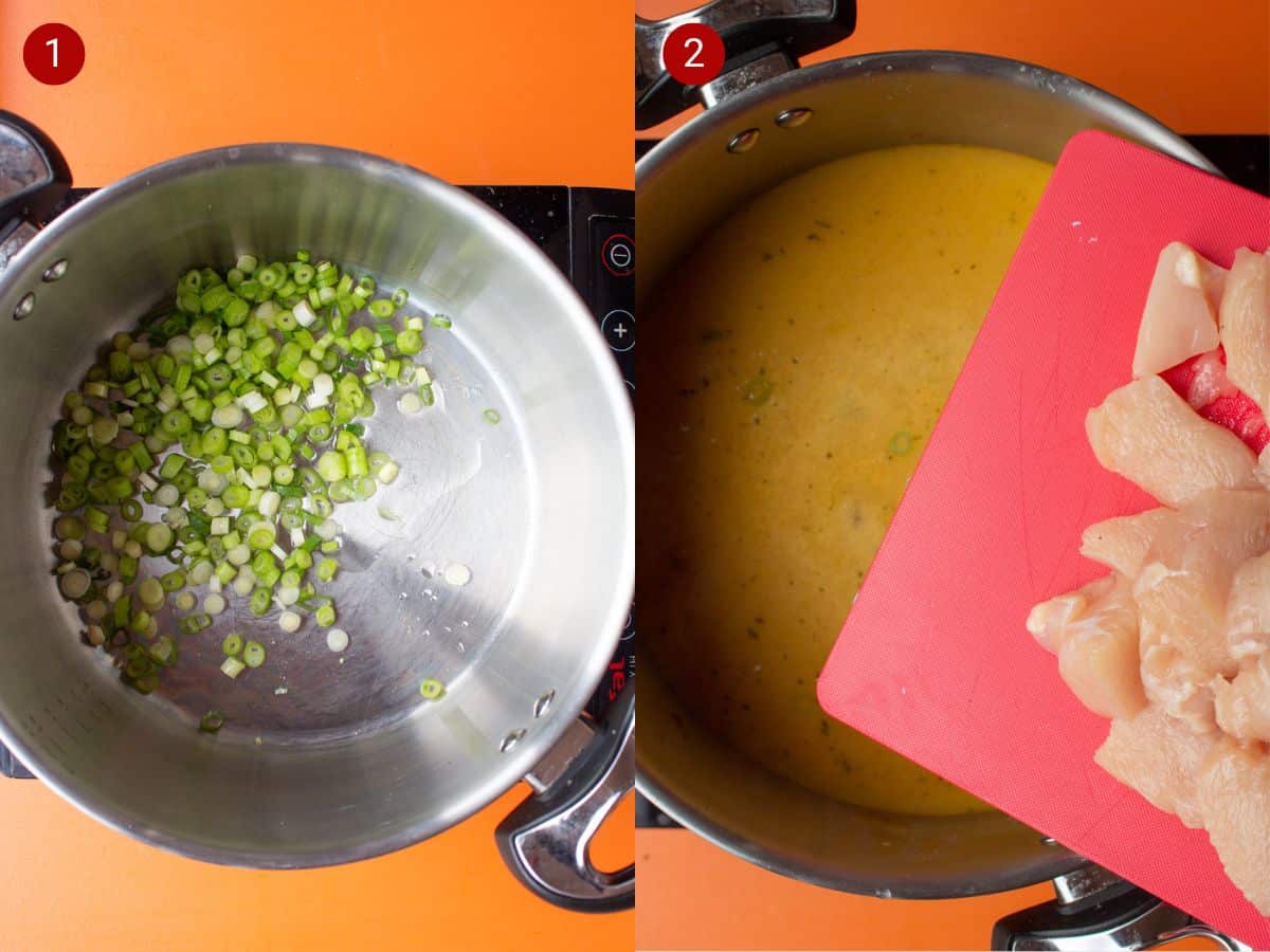 2 step by step photos, the first with spring onion slices frying in a large saucepan and the second withstock added to the pan and the chicken pieces on a pink chopping board being added to pan.