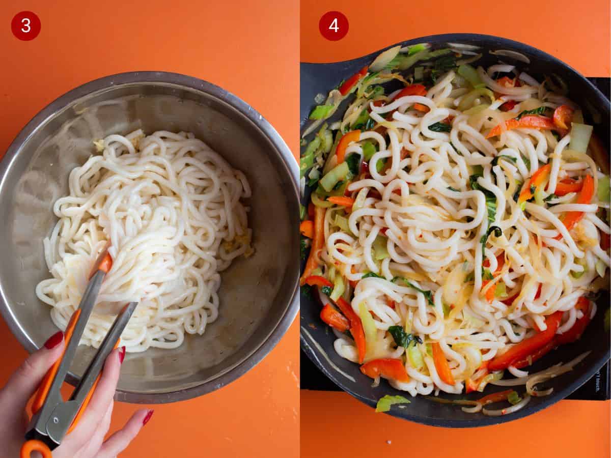 2 step by step photos, the first with udon noodles mixed with tongs in a metal bowl and the with the noodels added to a pan with the fried vegetables.