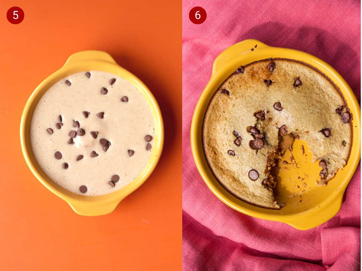 2 step by step photos, the first with all the wet ingredients in a ramekin and the second with baked chocolate chip cooker.