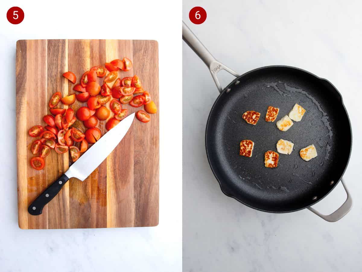 2 step by step photos, the first with cherry tomatoes sliced on a chopping board, the second with the sthe golden browned halloumi in a pan.