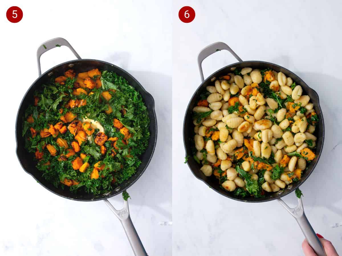 2 step by step photos, the first with butternut squash cubes, butter and kale in a frying pan and the second with gnocchi added with the vegetables.