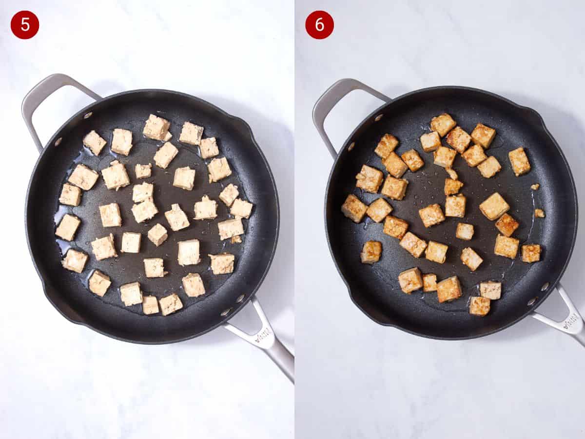 2 step by step photos, the first with pale tofu squares frying in a pan, the second with the tofu cubes browned in pan.