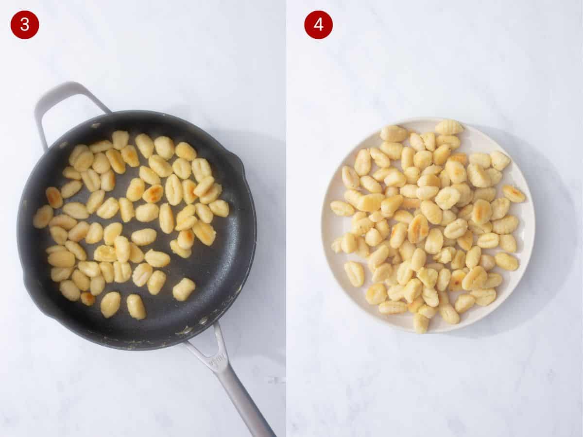 2 step by step photos, the first with gnocchi browned in a pan and the second with the browned gnocchi on a plate.
