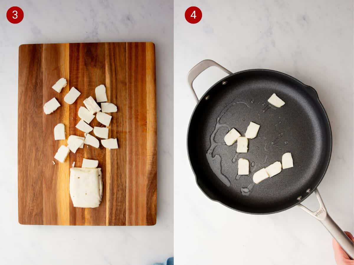 2 step by step photos, the first with halloumi sliced on a chopping board, the second with the slices in a frying pan with a little oil.
