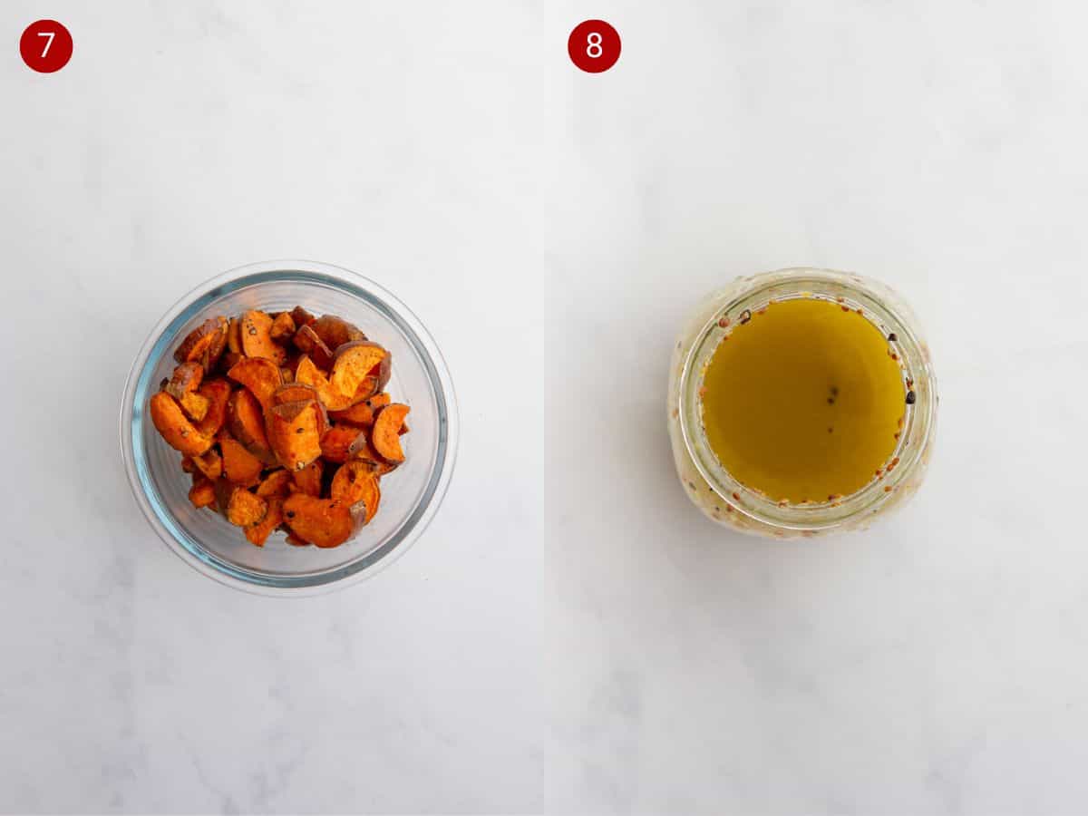 2 step by step photos, the first with roasted sweet potato slices in a container, the second with the salad dressing in a separate container.