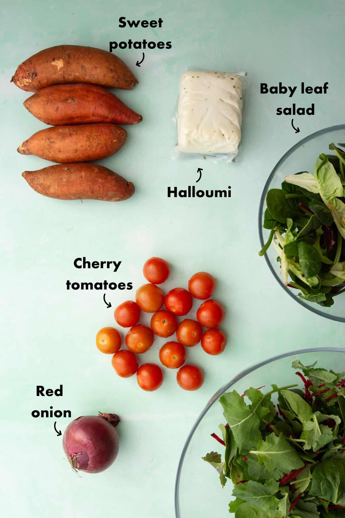 Ingredients to make a halloumi salad laid out on a pale blue background and labelled.