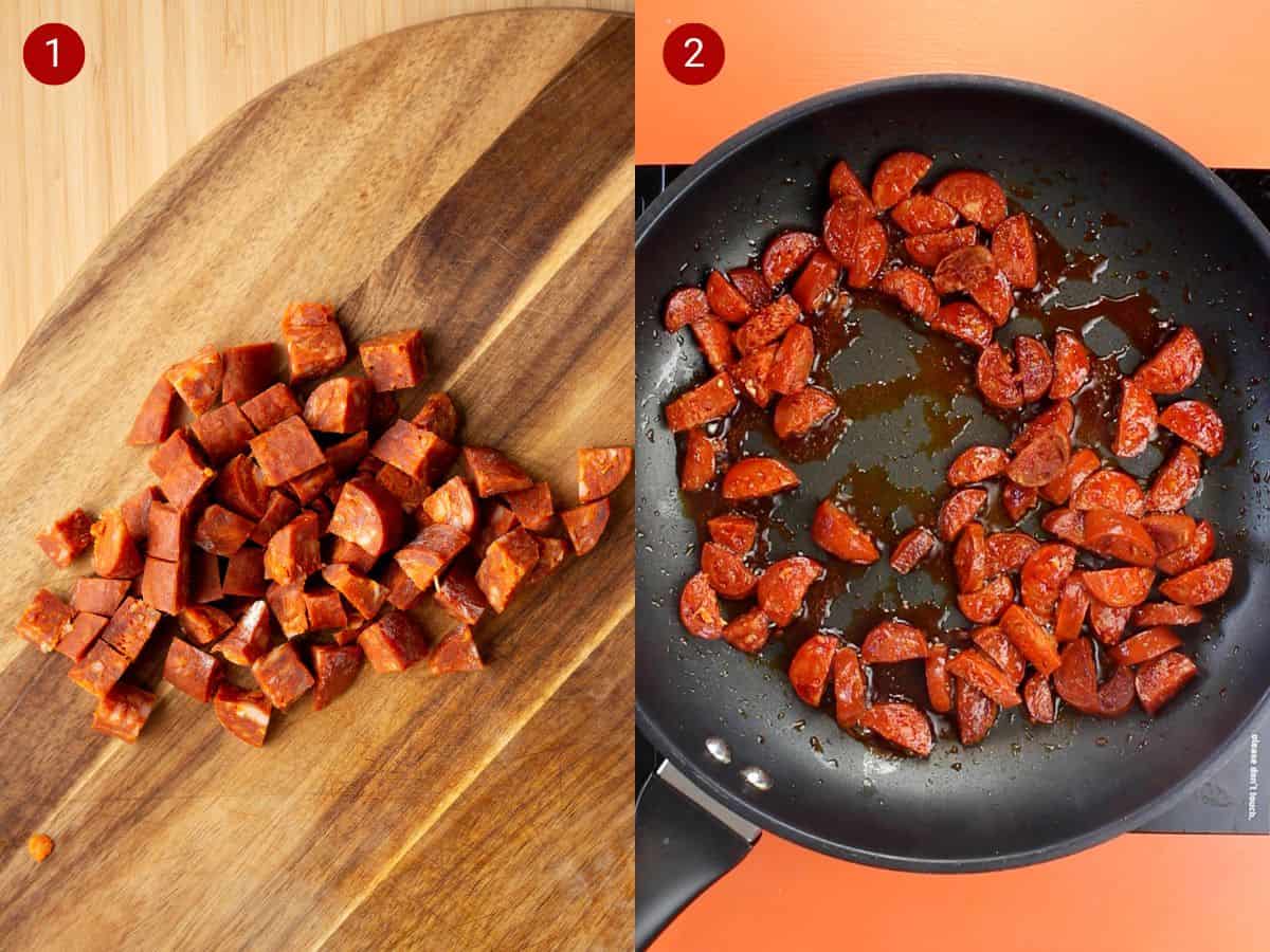 2 step by step photos, the first with finely sliced chorizo on chopping a board and the second with pieces of chorizo frying in a pan.