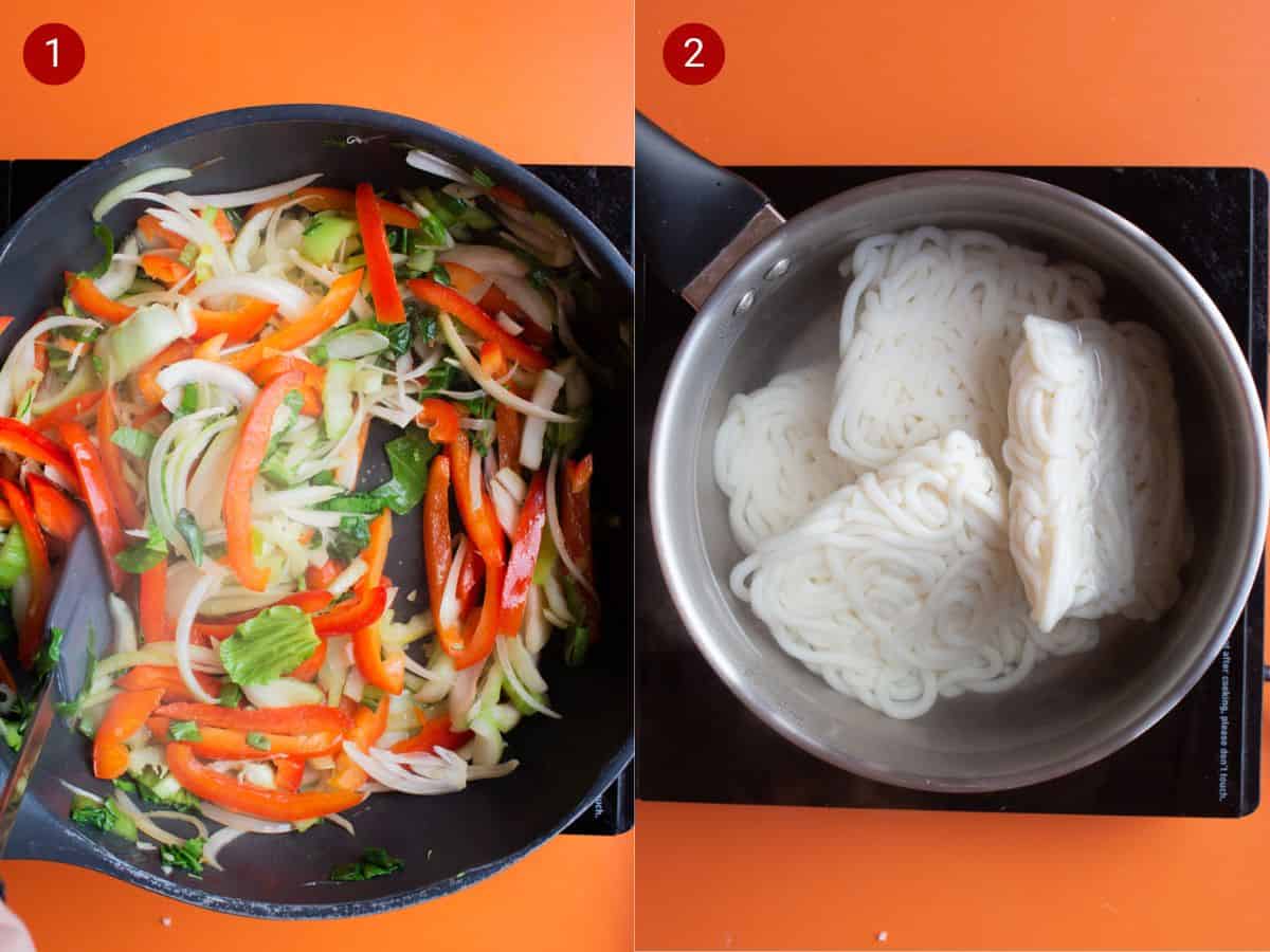 2 step by step photos, the first with vegetables frying in the pan and the second with 4 udon noodle nests in a pan of water.
