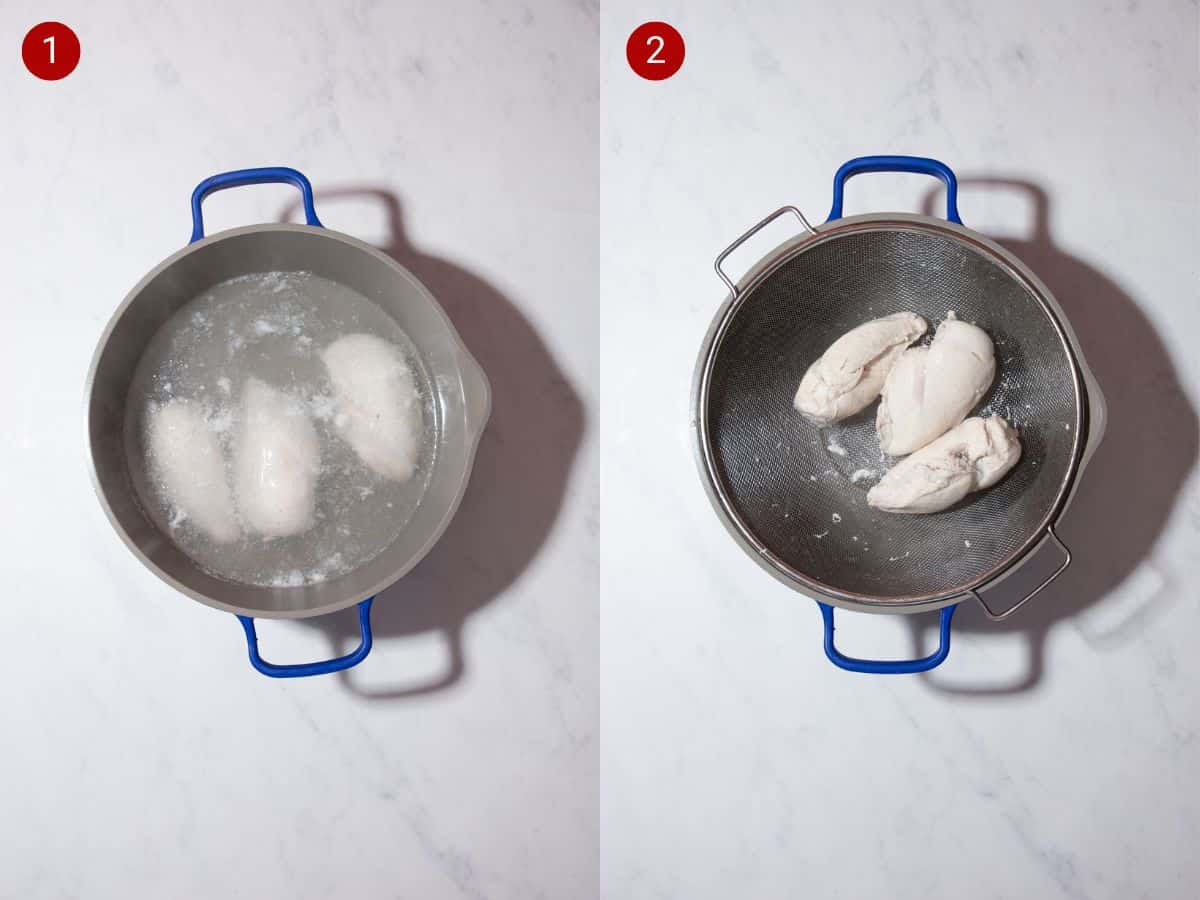2 step by step photos, the first with 3 chicken breast fillets boiling in water a saucepan and the second with the poached chicken breast fillets on a strainer on the saucepan.