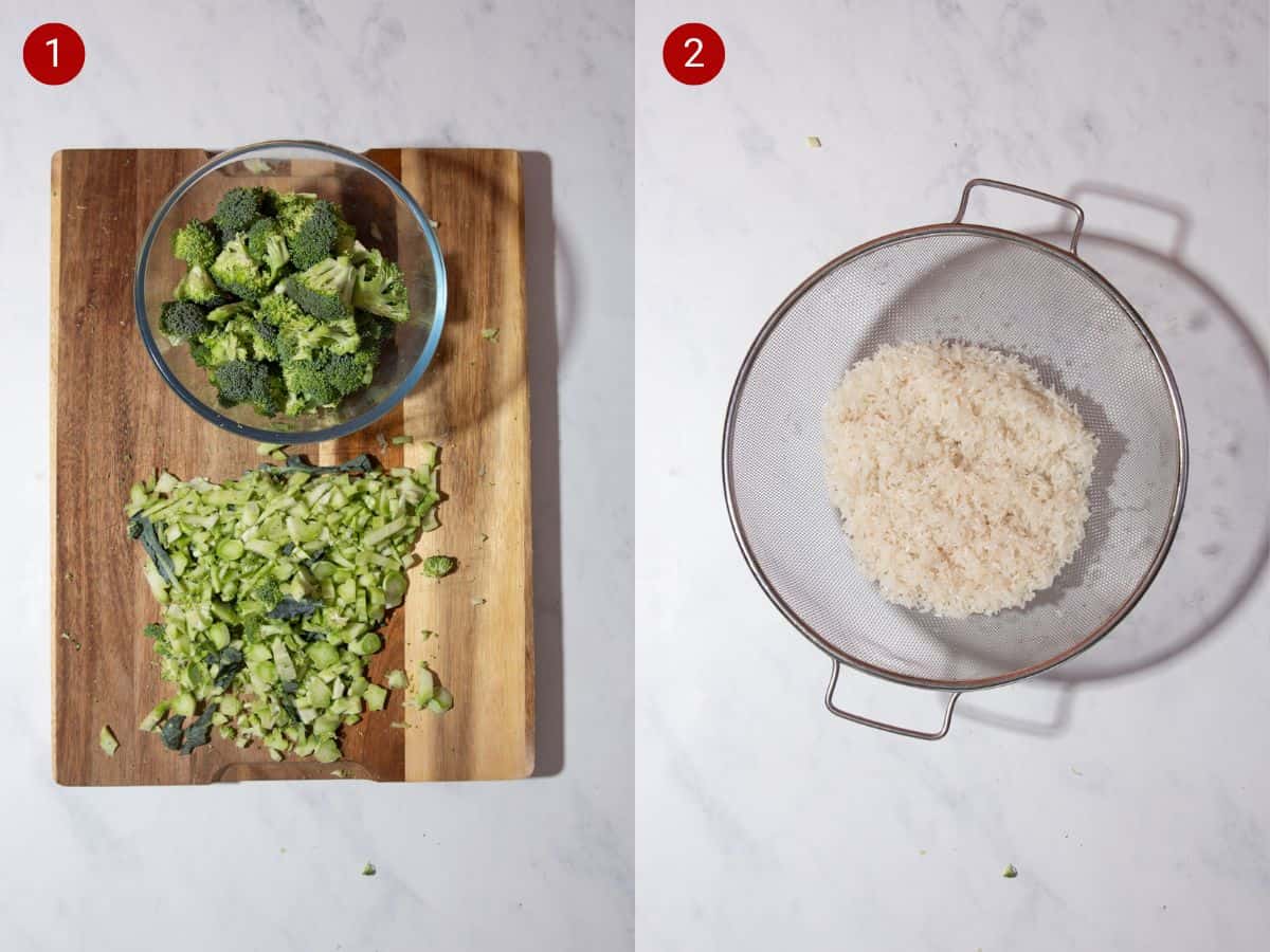 2 step by step photos, the first with chopped broccoli stalks and broccoli florets on a wooden chopping board the second with rice in a sieve.