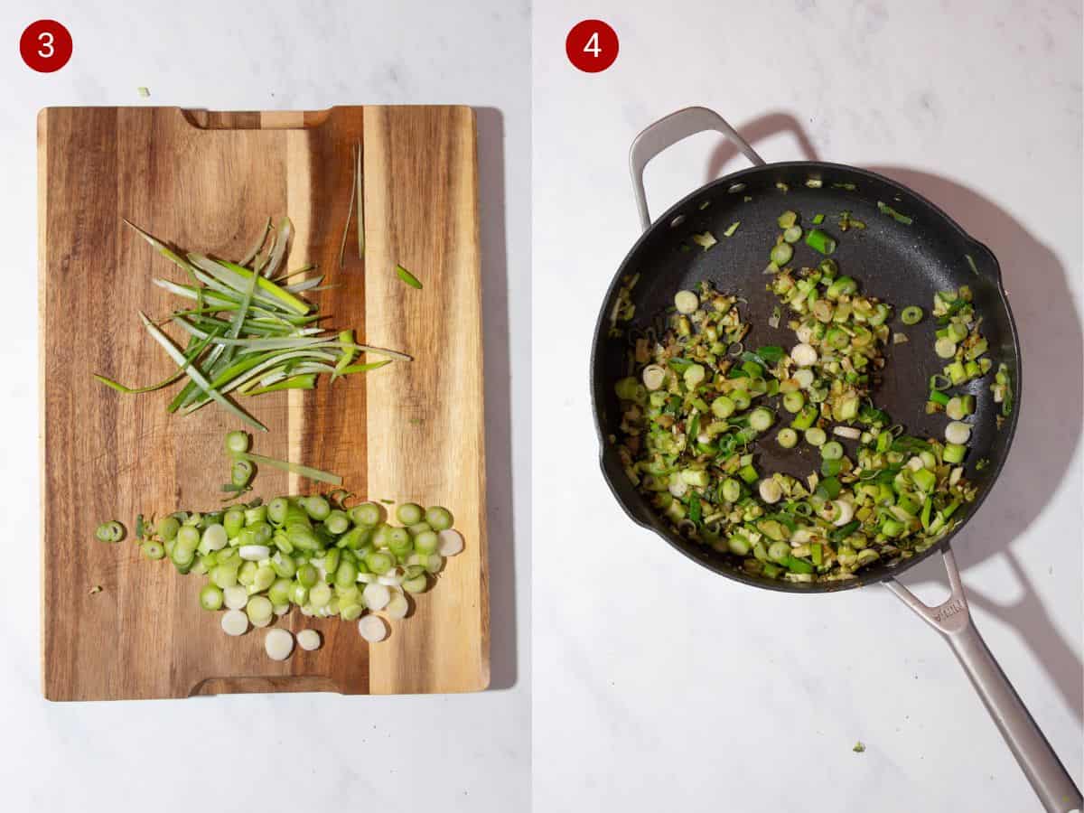 2 step by step photos, the first with chopped spring onion slices in rounds and lengthways on a wooden chopping board the second with the spring onions frying in a pan.

