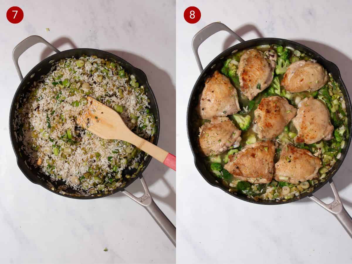 2 step by step photos, the first with rice and spring onions in a frying pan with a wooden spoon the second withthe browned chicken thighs added to the pan.