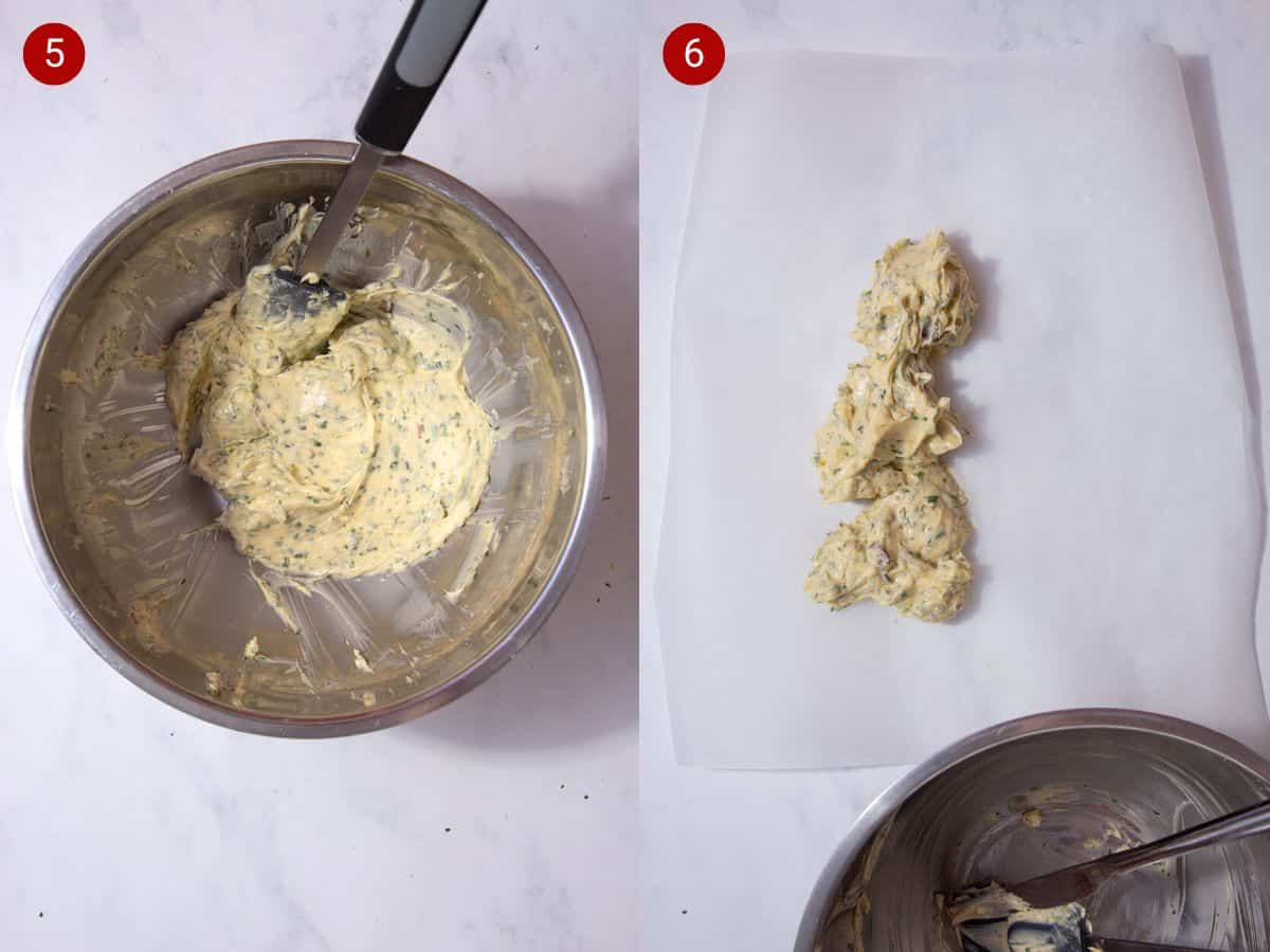 2 step by step photos, the first withherby butter in a bowl with a spatula and the second with the herby butter on parchment paper next to the empty metal bowl.