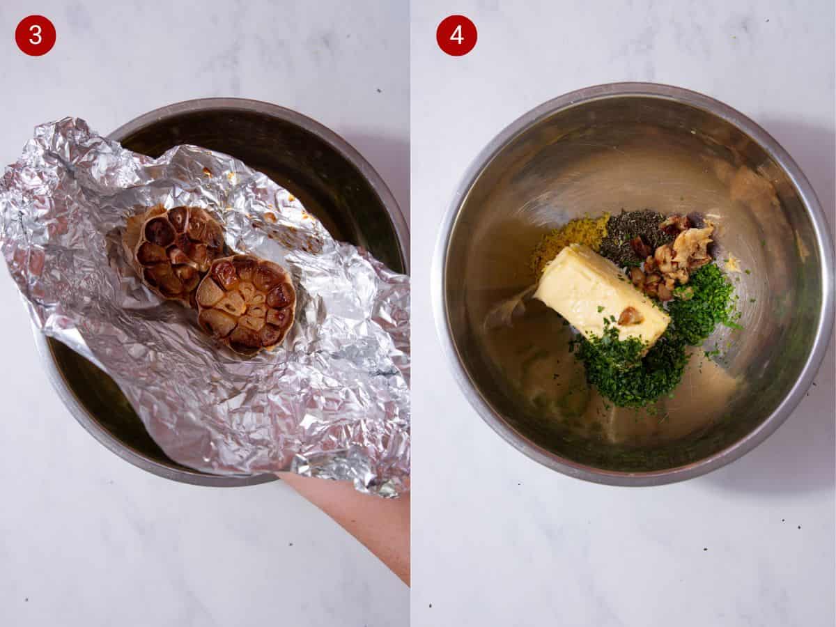 2 step by step photos, the first with2 halved of a roasted garlic bulb in foil and the second with butter, the roasted garlic, lemon zest and herbs in a metal bowl.