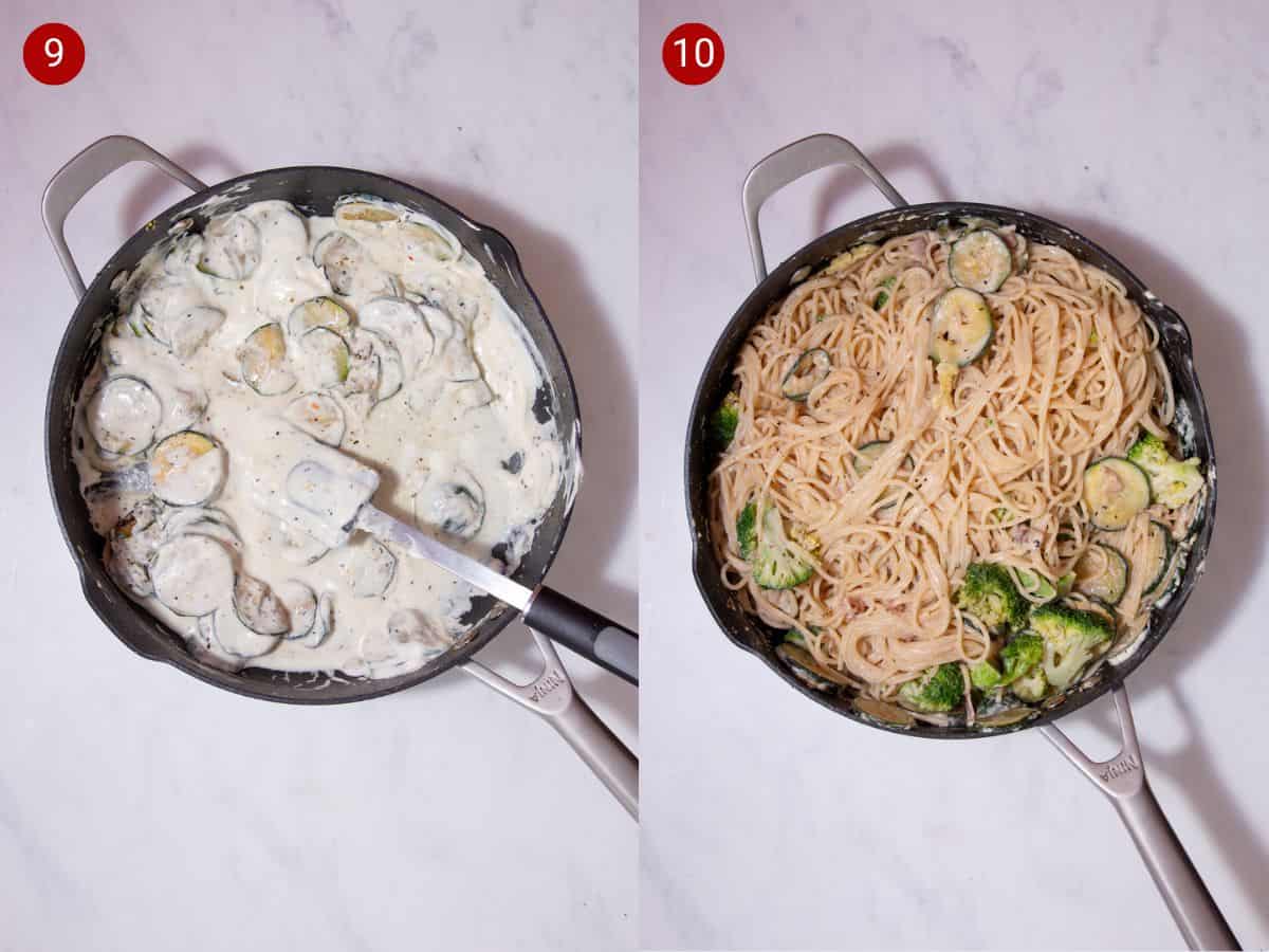 2 step by step photos, the first with courgette rounds in a creamy sauce in a pan and the second with the spaghetti, bacon and broccoli mixed together in the same pan.
