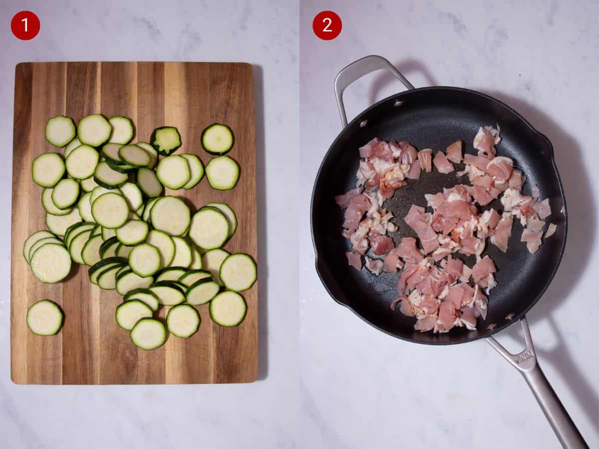 2 step by step photos, the first with sliced rounds of courgettes on a chopping board and the second with bacon pieces frying in a pan.