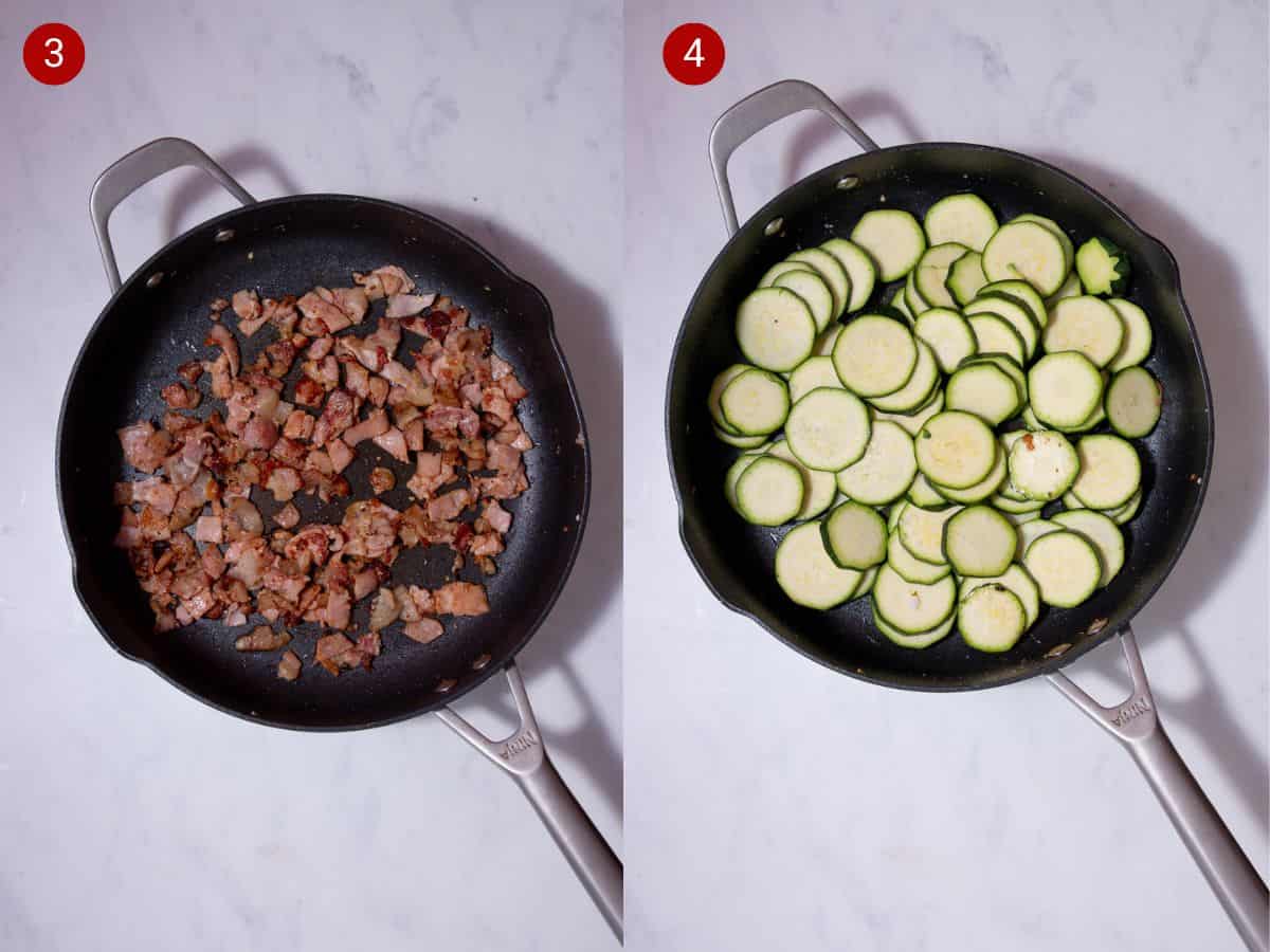 2 step by step photos, the first with the bacon pieces frying in a pan and the second with rounds of courgettes frying in a pan.