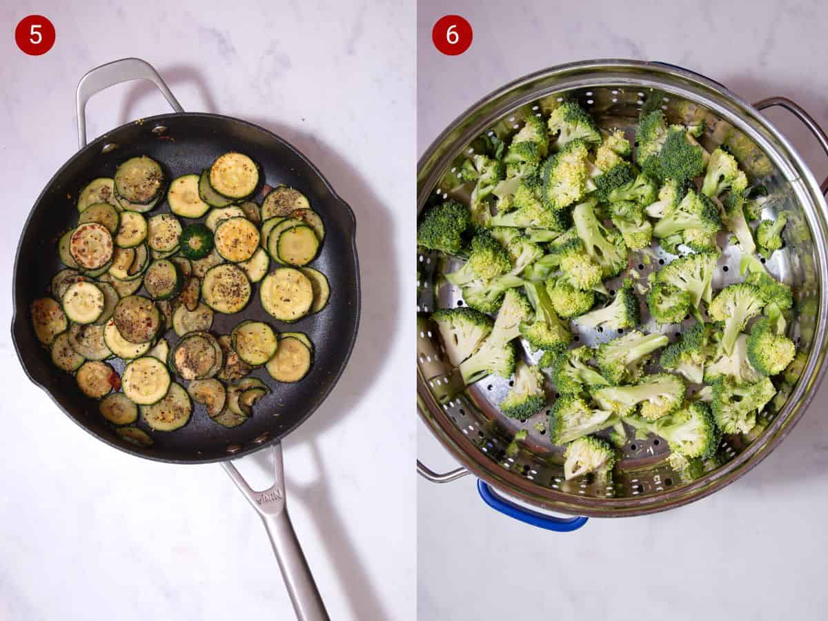 2 step by step photos, the first with the fried courgette rounds in a pan and the second with  broccoli florets in a strainer.