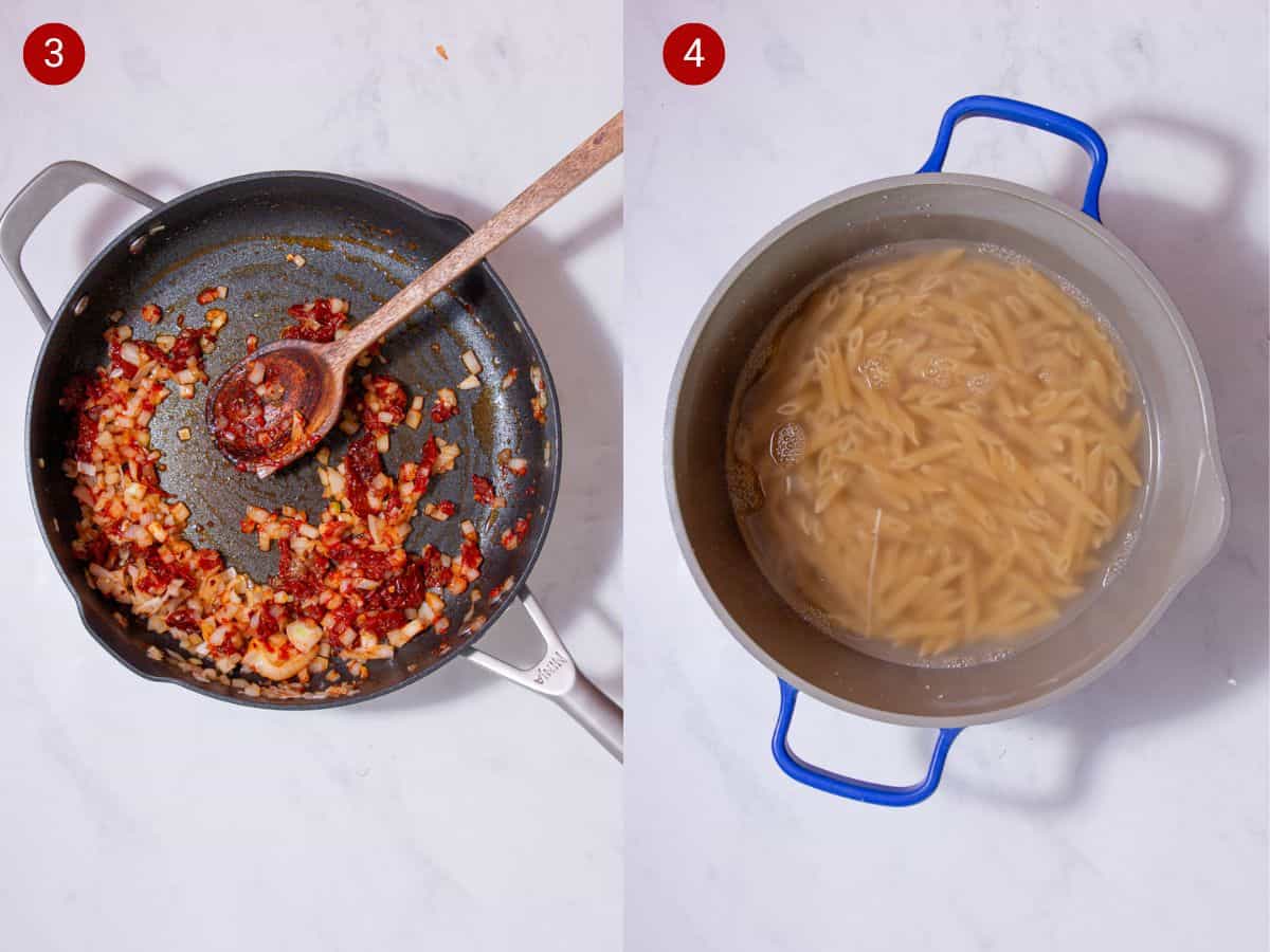 2 step by step photos, the first with the onions and sun dried tomatoes frying in a pan with a wooden spoon nd the second with the pasta in water in a saucepan with blue handles.