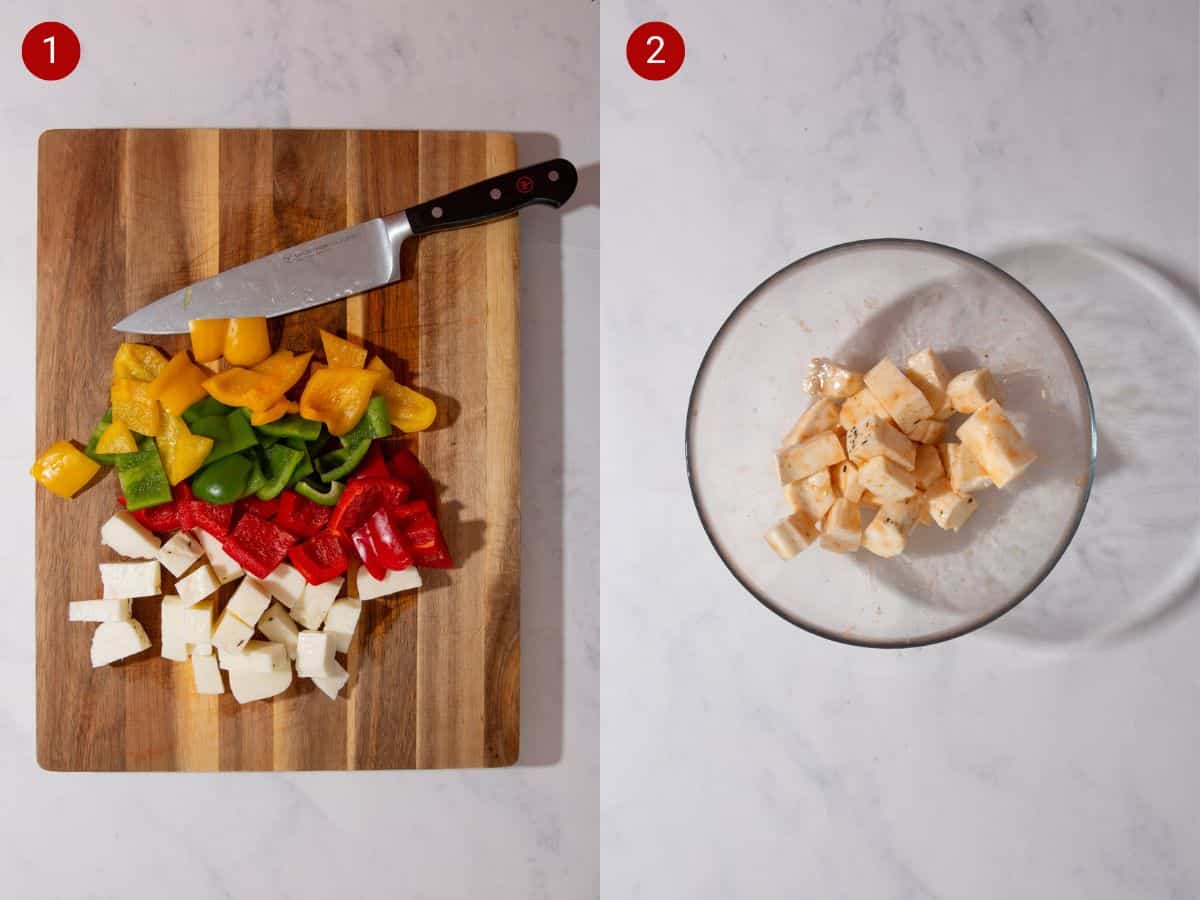 2 step by step photos, the first with peppers and halloumi sliced on a chopping board and the second with halloumi chunks in a glass bowl covered with a sauce.