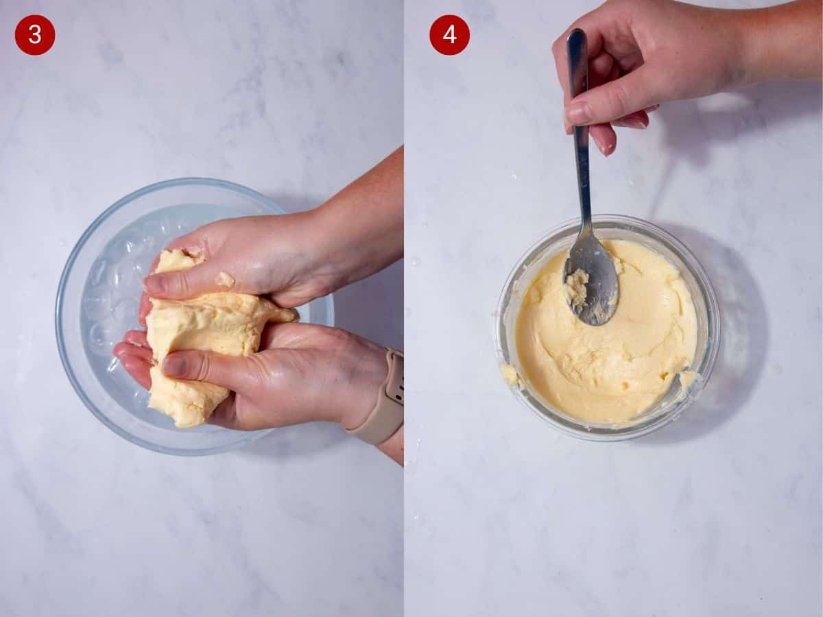 2 step by step photos, the first with2 hands holding butter over a glass bowl with ice and water, the second with the butter being smoothed into a round glass container.