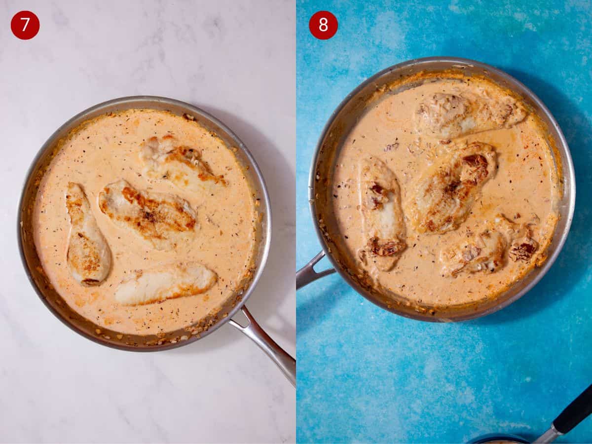2 step by step photos, the first with finely browned chicken in a pan and the second with the pan with the chicken in sauce on a turquiose background.
